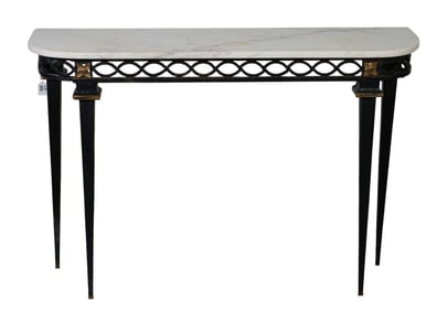 Wrought Iron Console with Tapering Legs, Open Work Apron and White Marble Top, 32"h x 43"w x
