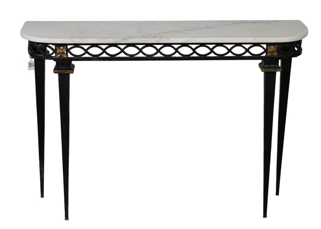 Wrought Iron Console with Tapering Legs, Open Work Apron and White Marble Top, 32"h x 43"w x (1 of 10)