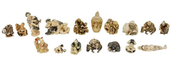 Large Grouping of Carved Japanese netsukes and other carved items, erotica carvings and snuff