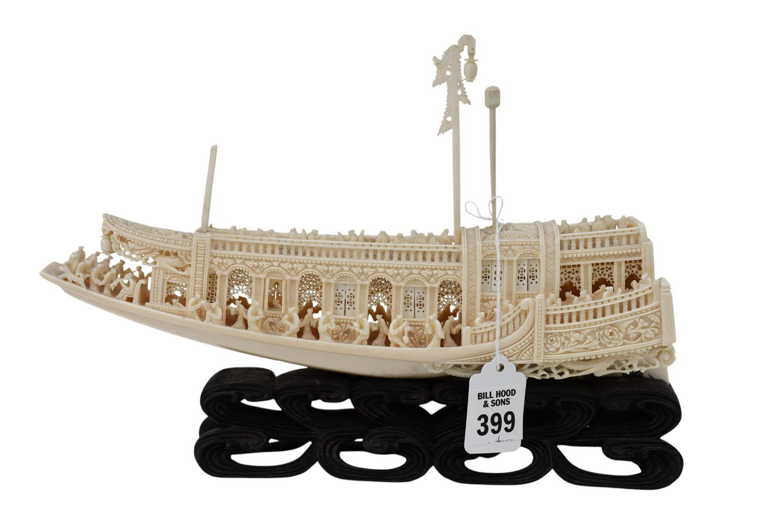 Intricately carved Chinese Junk Ship With many figures and corridors,  11" long x 8" high x 2.25" (1 of 8)