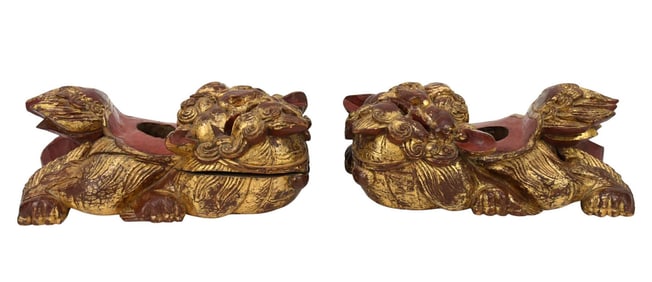 Vintage Chinese Carved gilded foo dogs, 12 "x 5.5" x 4.5" high