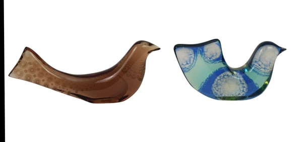 2 Mid century Abraham Palatnik Acrylic Lucite Bird Sculptures, Brown & Blue (3 1/2"h & 4"h) and (8 1