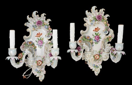 Pair German Porcelain Double Branch Electrified Wall Sconces Painted with Applied Flowers, 15"H x
