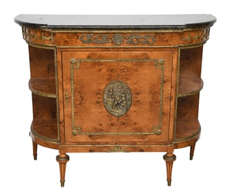 French Cabinet, Black Marble Top Over Center Door Flanked by Open Shelves on Either Sides with Gilt
