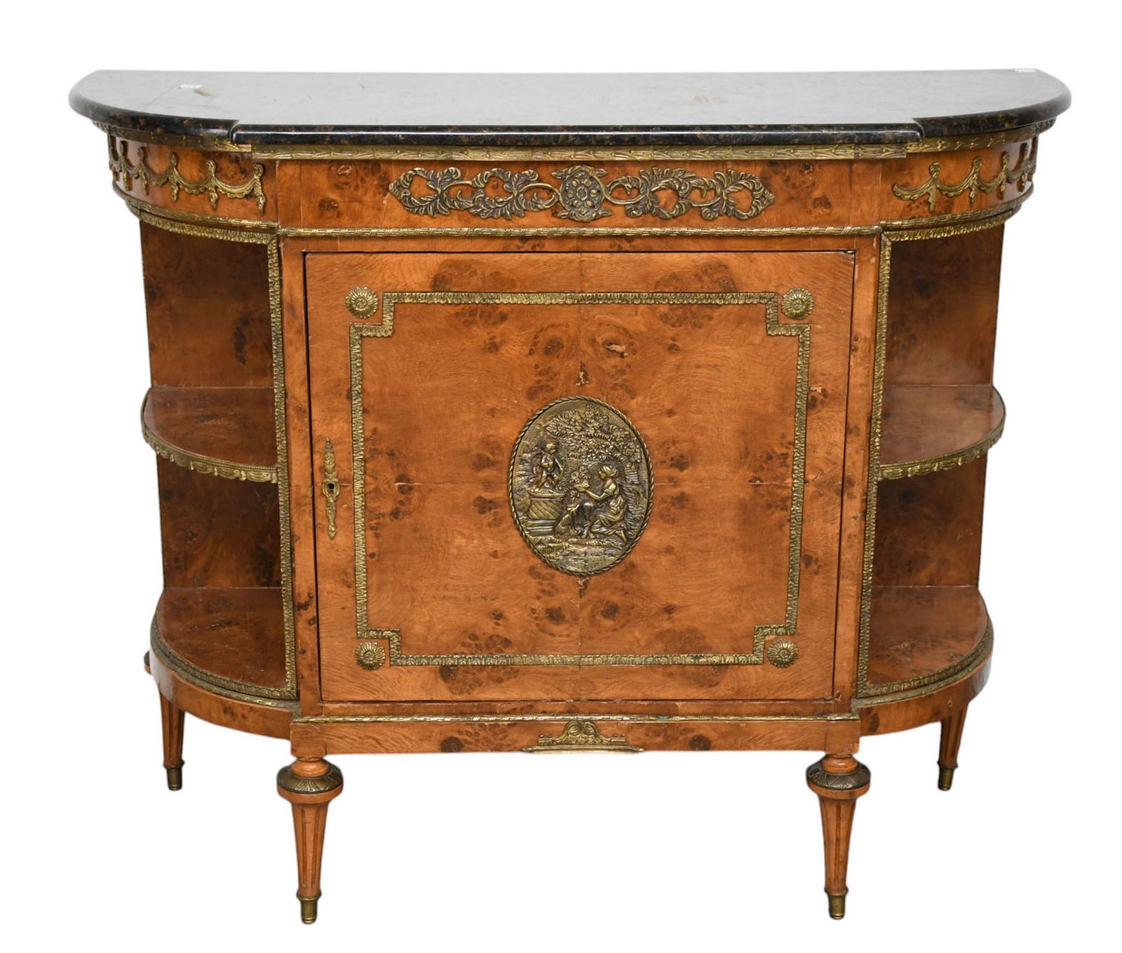French Cabinet, Black Marble Top Over Center Door Flanked by Open Shelves on Either Sides with Gilt (1 of 9)