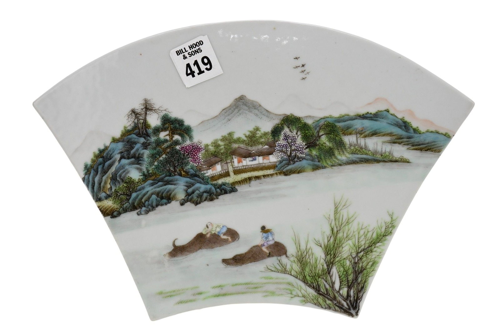 Chinese Famille Rose porcelain plaque with landscape and oriental life scene 7.5" high x 11" wide,: Chinese Famille Rose porcelain plaque with landscape and oriental life scene 7.5" high x 11" wide,