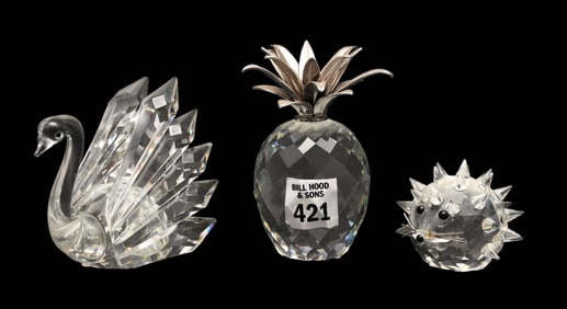 3 Swarovski Crystal Pieces, Swan (4"w), Pineapple (4 1/2"h) And Porcupine