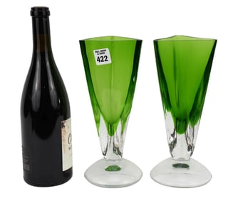 Pair Triangular Green & Clear Glass Vases, 10"H x 4 1/2"dia