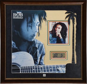 Bob Marley Autograph, Large Framed Bob Marley Cutout display with Autographed Picture, Signed "Rasta