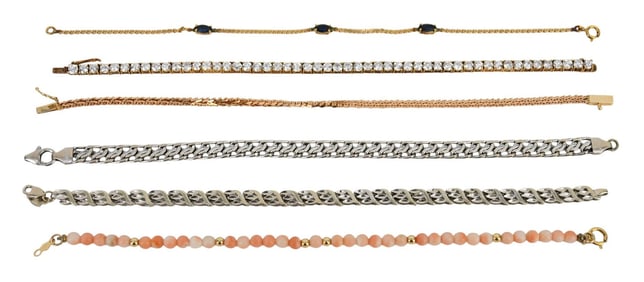 6 - 14K Yellow, White & Rose Gold Bracelet. 7" - 8" Coral, CZ, Sapphire. Wt.32.8 grams