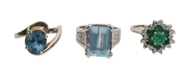 3 - 14K White Gold Rings. Aquamarine with diamond accents, Emerald, & Sapphire. Size 4.5 - 5 wt.