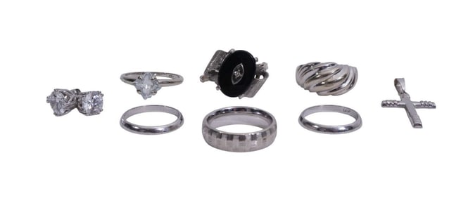 Lot of 14K White Gold Rings, Pendant & Earrings. Wt. 16.6 grams. Ring size 3.75 - 5.25 CZ earrings