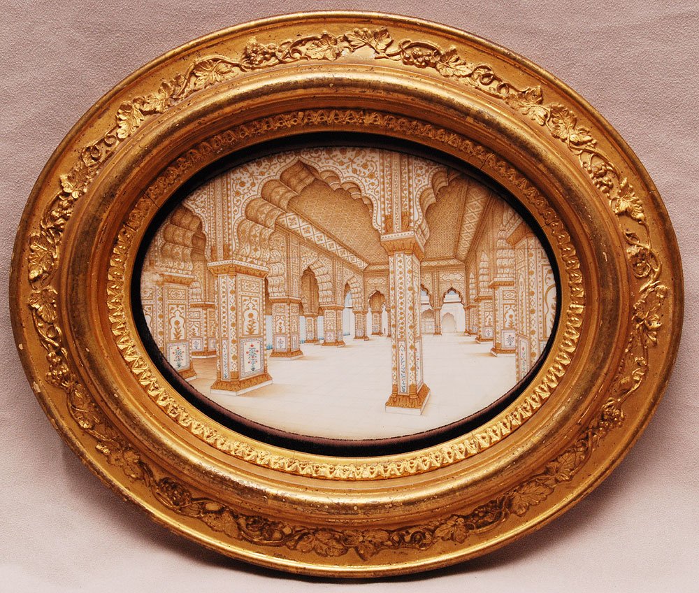Miniature Persian 19th century Painting on Ivory of Mos: Miniature Persian 19th century Painting on Ivory of Mosque Interior. Highly detailed oval painting framed , 5-1/2" x 8"