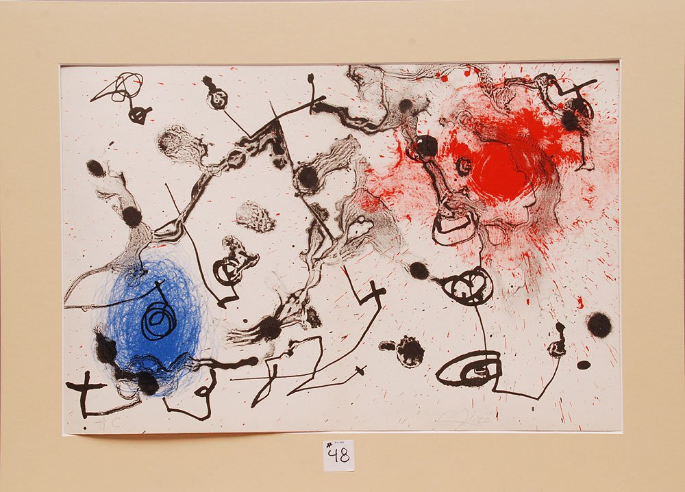Joan Miro, Spanish, abstract composition, lithograph, 1: Joan Miro, Spanish, abstract composition, lithograph, 12 1/4" x 18 1/2", artists proof, signed