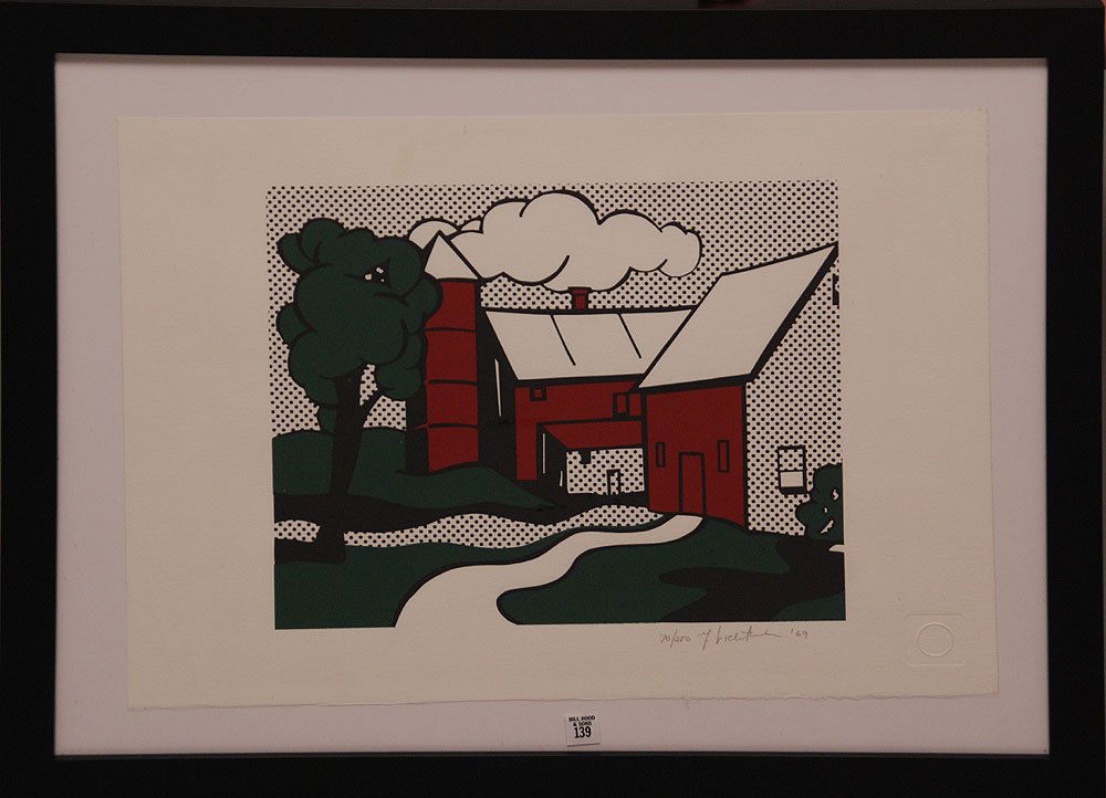 Roy Lichtenstein AM. Color Silkscreen RED BARN: Roy Lichtenstein (AMERICAN, 1923-1997) Color Silkscreen, "Red Barn" Gabriele Mazzotta, pub. Stamped, pencil signed by artist, dated '69 and numbered 70/250, full sheet size is 19" x 26" framed.