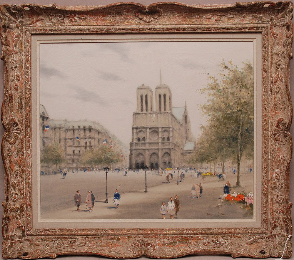 Andre Gisson (1929-2003, French/American), painting, Pa: Andre Gisson (1929-2003, French/American), painting, Parisian street scene, oil on canvas, signed lower left, canvas size is 20" x 24", gallery framed