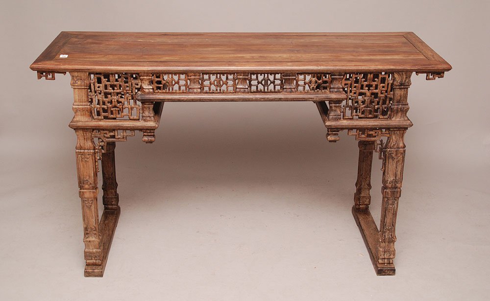Chinese carved exotic wood altar table, 19th c. Zitan: Chinese carved exotic wood altar table,(possibly Zitan wood) 19th c. (at least), 34"h x 57"w x 18 7/8"d (some loose pieces)