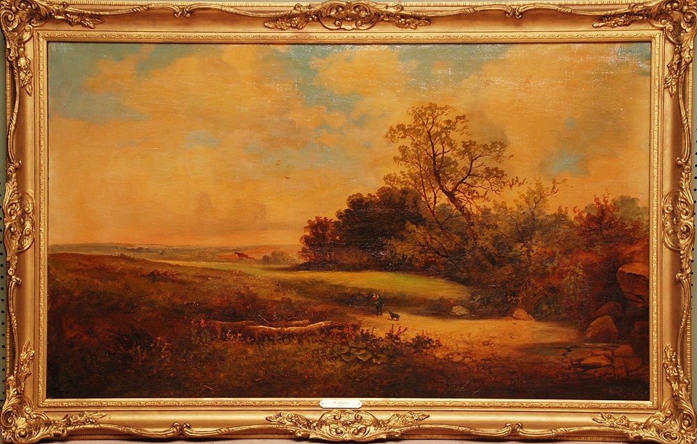 After George William Horlor (British, 1823-1895), Lands: After George William Horlor (British, 1823-1895), Landscape with Figures, Oil on Canvas, Height: 29.75" Width: 49.75" Condition report: Signed Lower Right "W. Horlor"Note Condition: Canvas revarnished