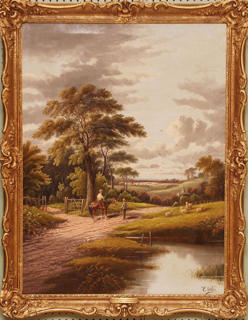 Etty Horton (British, 1892-1905), A Wiltshire Lane, Man: Etty Horton (British, 1892-1905), A Wiltshire Lane, Man on Horse, Oil on Canvas, Height: 40" Width: 30"