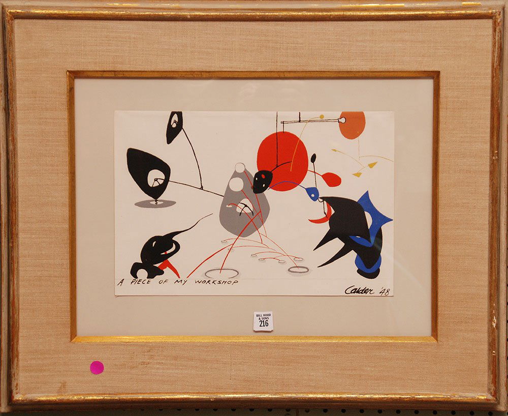 Alexander Calder, American (1898-1976) "A Piece of My W: Alexander Calder, American (1898-1976) "A Piece of My Workshop" silkscreen, measuring 10 inches by 15 inches, signed in plate lower right and dated '48 (1948). The work is matted under glass and mount