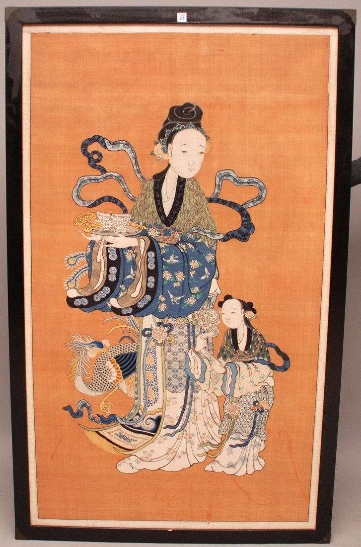 FINE CHINESE KESI SILK PANEL, Xi Wan Mu and Phoenix bi: FINE CHINESE KESI SILK PANEL, Xi Wan Mu and Phoenix bird, Measuring 60" x 36", framed