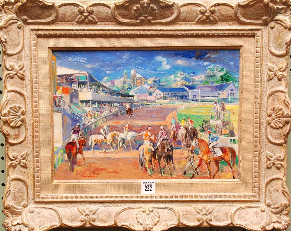 Jon Corbino, American (1905-1964) "Fair Racetrack" oil : Jon Corbino, American (1905-1964) "Fair Racetrack" oil on canvas, signed lower left and measuring 10 inches by 14 inches. The work is matted under glass and mounted in carved gesso and wooden display 