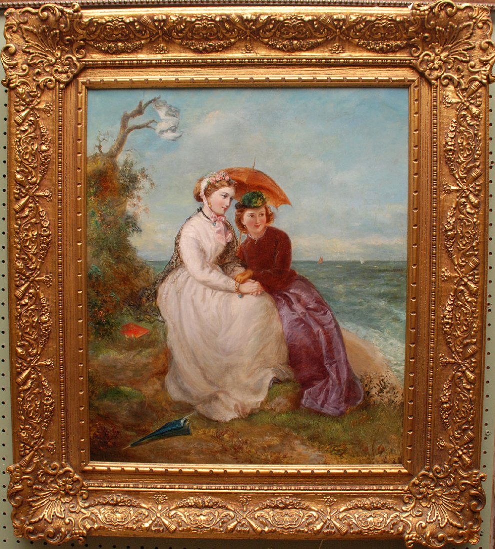 Jessie Macleod (United Kingdom 1845 - 1875) oil on rel: Jessie Macleod (United Kingdom 1845 - 1875) oil on relined canvas, 2 Ladies at Beach, in gilt frame, 28" x 22"