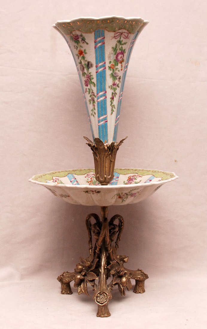 Porcelain 2 tier epergne with bronze mounts, 22"h x 11": Porcelain 2 tier epergne with bronze mounts, 22"h x 11"w (glue repair)