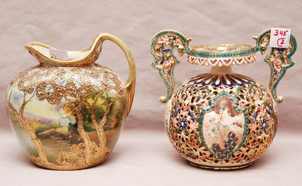 Fischer 7 1/2H x 8"L, 2 handled vase and Nippon pitcher: Fischer 7 1/2H x 8"L, 2 handled vase and Nippon pitcher, 7"H x 6 12/"L