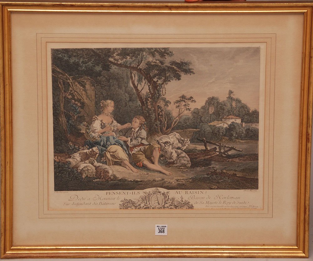 Jacques Philippe Le Bas. (French 1707-1783). "Pensent-i: Jacques Philippe Le Bas. (French 1707-1783). "Pensent-ils au Raisin". Fine & rare period colored engraving after Francois Boucher. Very good condition for age. Encased in a gallery gilded frame. 15.7"