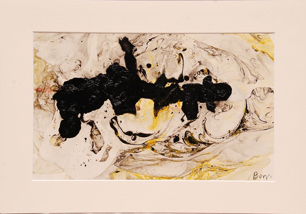 Alberto Burri (1915-1995) Italian, abstract, mixed medi: Alberto Burri (1915-1995) Italian, abstract, mixed media on paper, 8 3/4" x 14 1/4", signed