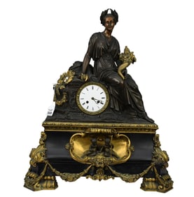 French Patinated & Gilt Bronze Figural Mantel Clock, C. 19th Century, Bazelaire - C. 2nd quarter of