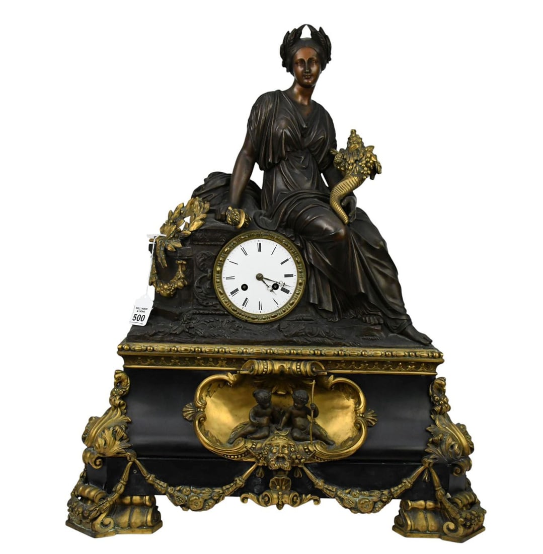 French Patinated & Gilt Bronze Figural Mantel Clock, C. 19th Century, Bazelaire - C. 2nd quarter of (1 of 15)