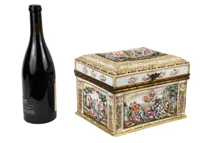 Anique Large Porcelain Capodimonte casket / Dresser Box. Brass hinged with relief design. measures