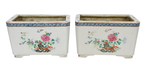 Pair of Antique Chinese Export Cachepots, 9L x 6w x 5-1/2 H.