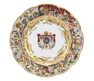 Antique Capodimonte single plate, relief decorated border with painted crest in center, 8-3/4