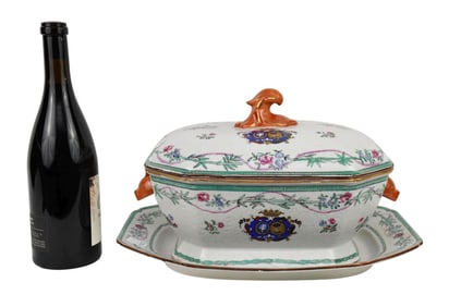 Chinese Export covered Tureen & Underplate, tureen is 9-1/2 x 14 x 8 inches. Underplate, 12 x 15