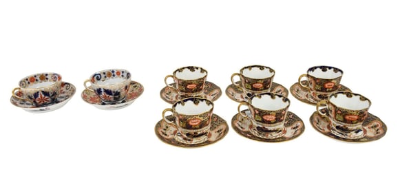 8 Antique Royal Crown Derby and Imari cups & Saucers