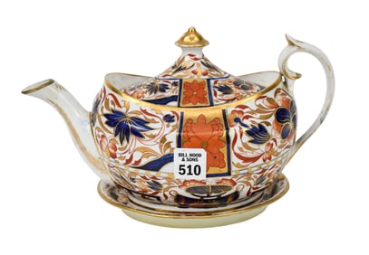 Antique Imari coffee pot & under tray, 10-1/2 x 5-11/2 x 6 inches.