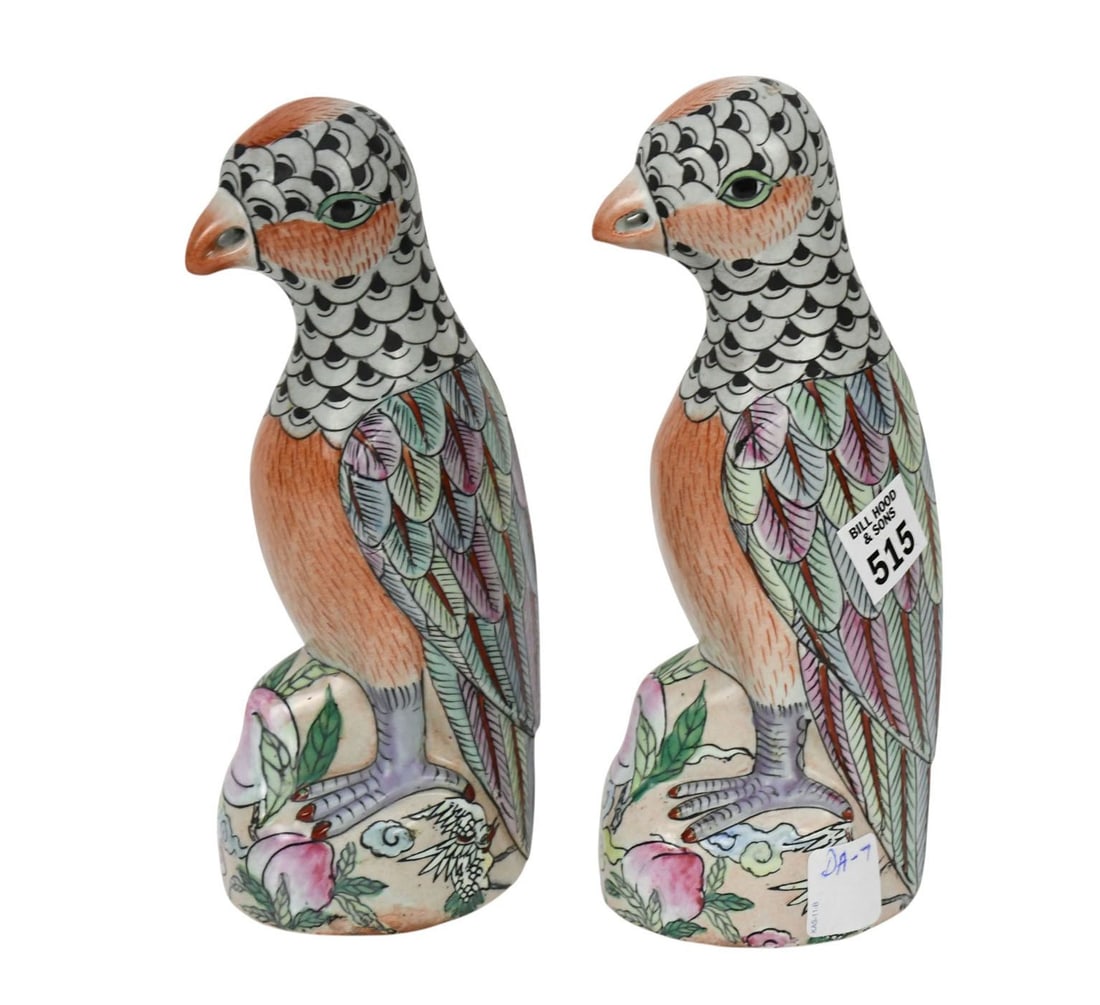 Pr. Porcelain and Bronze 20th Century Decorative Parrots, 8 1/2"h x 3 1/2"w (1 of 4)