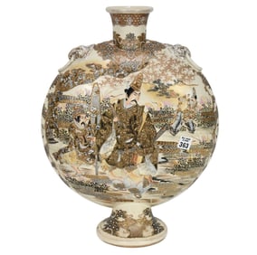 A Japanese Meiji Satsuma Moon Vase - Japanese, C. 19th Century. A Satsuma pottery moon vase on a