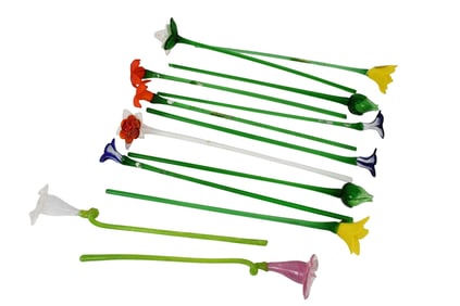 13 Assorted Murano Art Glass Hand Blown Stemmed Flowers, Average Size 19"h x 3"w