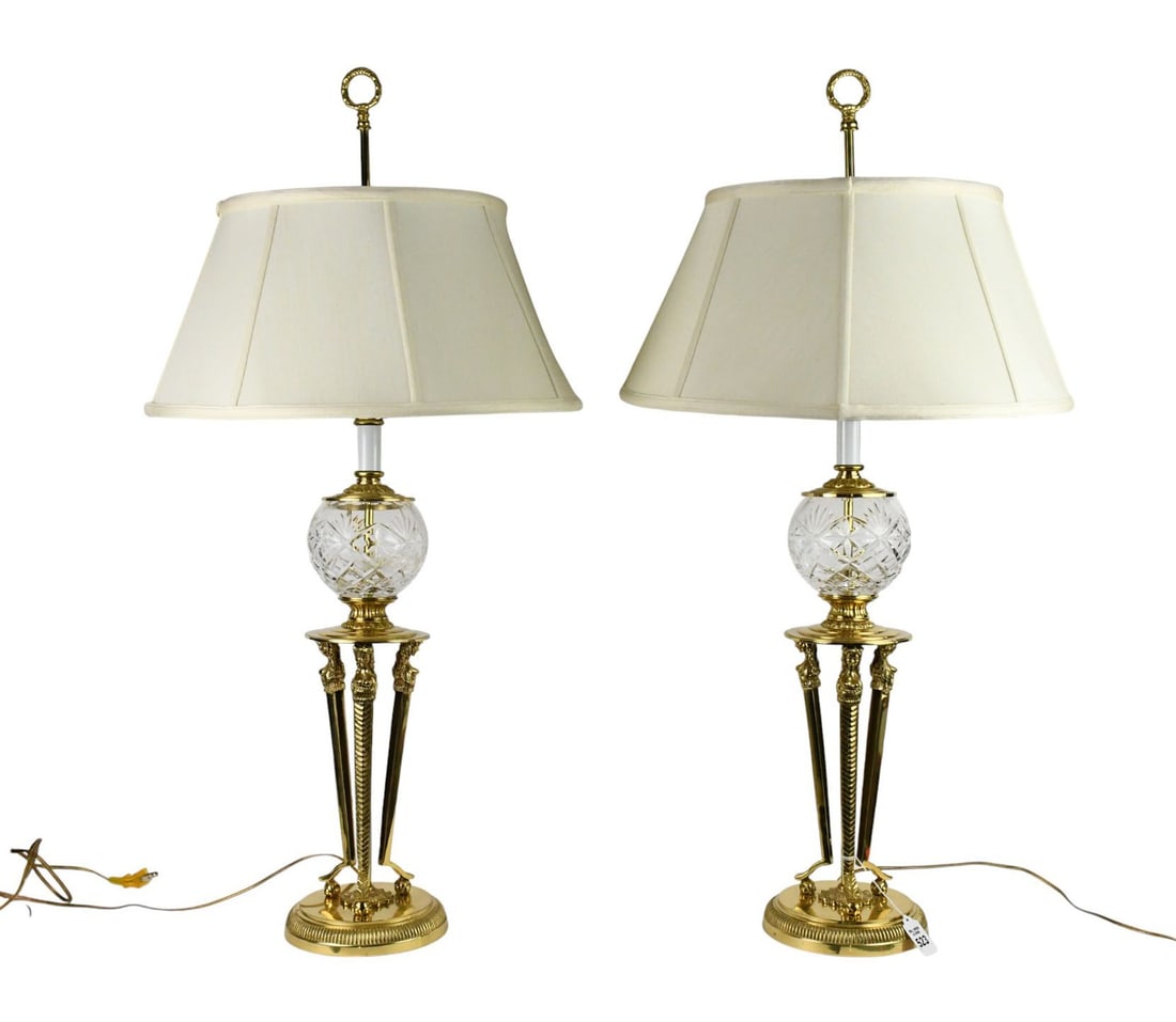 Pair Crystal Bronze/Brass Table Lamps, 30"h x 17"w (1 of 5)