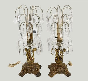 Pair Gilded Metal & Crystals Lamps, Multiple Arms with Crystals & Putti Supports, 20"h x 9"w