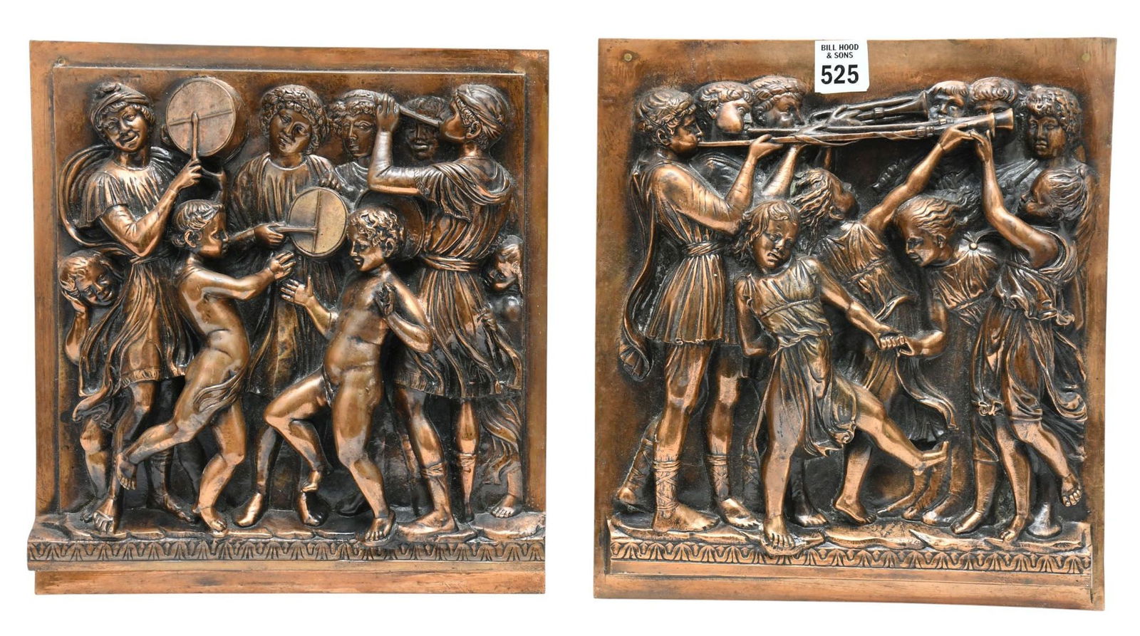 Pair Bronze Plaques, Classical Figures in Relief, Circa 1900, 10"h x 11"w (1 of 5)
