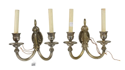 Pair Silvered Metal 2 Branch Wall Sconces, 13"h x 10"w