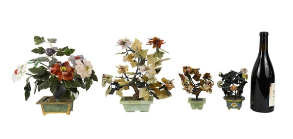 4 Assorted Jade Trees, 2 In Cloisonne Pots, Largest 13"h x 12" x 10", Smallest 6 1/2"h x 5"w