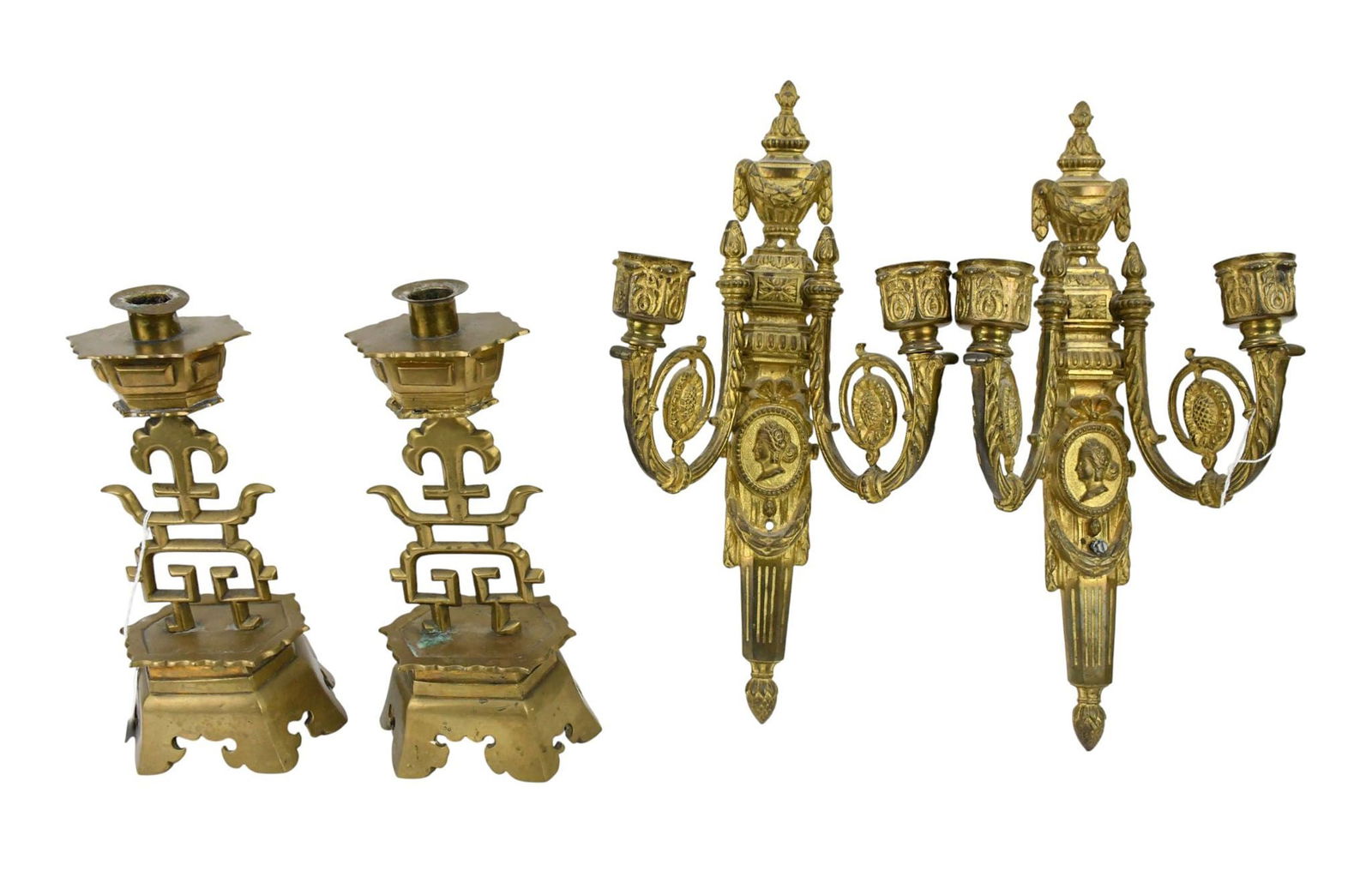 Pair Gilded Metal 2 Branch Wall Sconces, Classical Motif (14"h x 7"w x 5"d) (one arm needs repair) (1 of 5)
