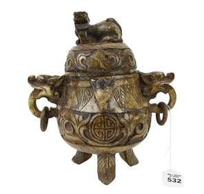 Chinese Carved Agate Incense Burner with Dragon Head Handles with Rings, Tripod Feet, 9"h x 7"w
