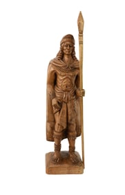 Carved Wood Tribal Warrior, 16"h, To Spear 18"h x 4"square base